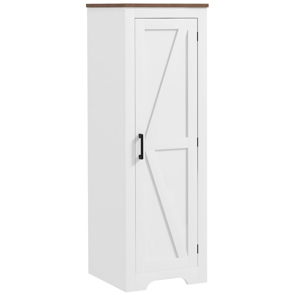 Farmhouse Accent Cabinet with Barn Door, 4-Tier White Storage Cabinet with Adjustable Shelves, Slim Floor Pantry for Living Room, Dining Room or Office, 15.7"W x 15"D x 47.2"H