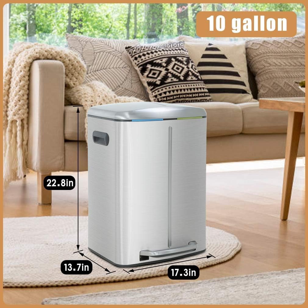 Kitchen Trash Can With Lid For Office Bedroom Bathroom Step Trash Bin Fingerprint-Proof Brushed Stainless Steel Garbage Can 10 Gallon/ 40L
