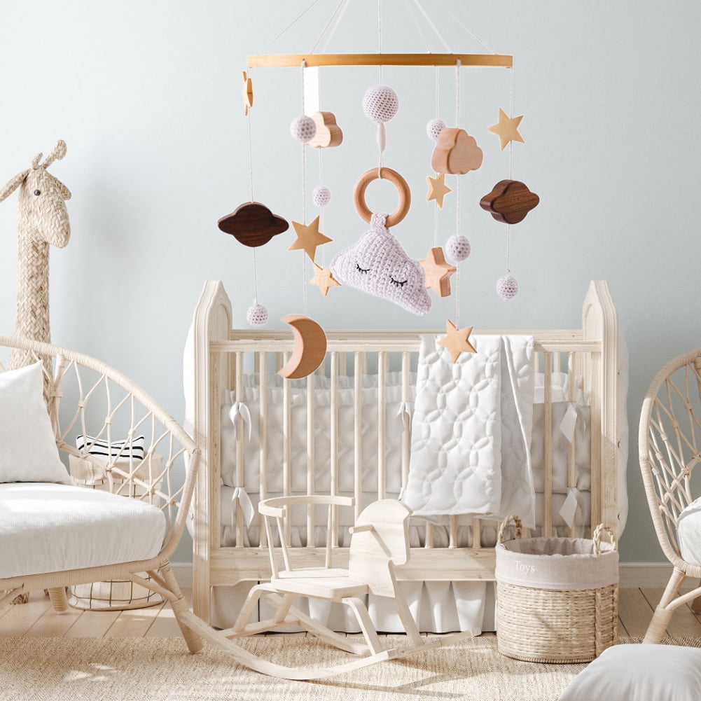 Rotating Wooden Crib Bell for Babies 0-3 Years - Star/Moon/Cloud Crochet Pendants (Removable Elephant/Rabbit Toys) Infant Bed Bell & Wind Chimes for Sleep Soothing, Activities & Baby Room Decoration