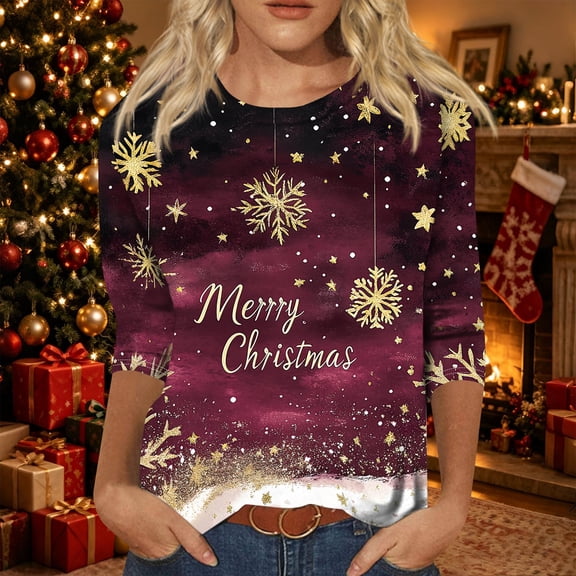 Tops for Women Christmas 3/4 Sleeve Shirts Crewneck Christmas Graphic Plus Size Holiday Top Festive Wear