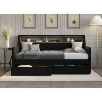 Home Design Brianna Twin Daybed with Upholstered Frame, Nailhead Trim, Built-In Storage with Two Drawers, Stylish Seating and Sleeping Solution, Black