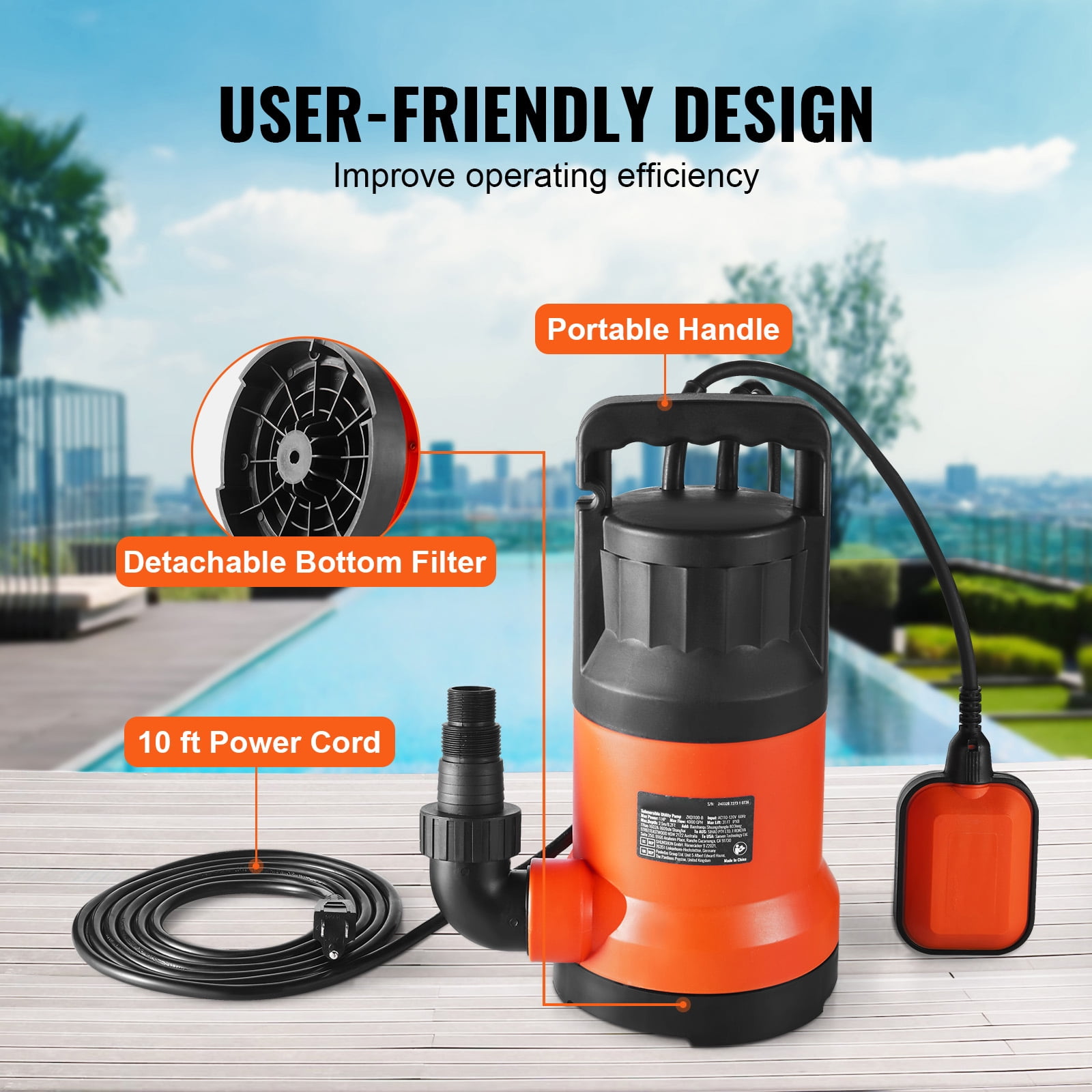 KFFKFF Water Removal Pump, 1 HP Power, 4000 GPH Flow Rate, 31 ft Max Lift, Submersible Sump Pump with 10 ft Power Cable for Pool, Garden Pond, and Basement Draining