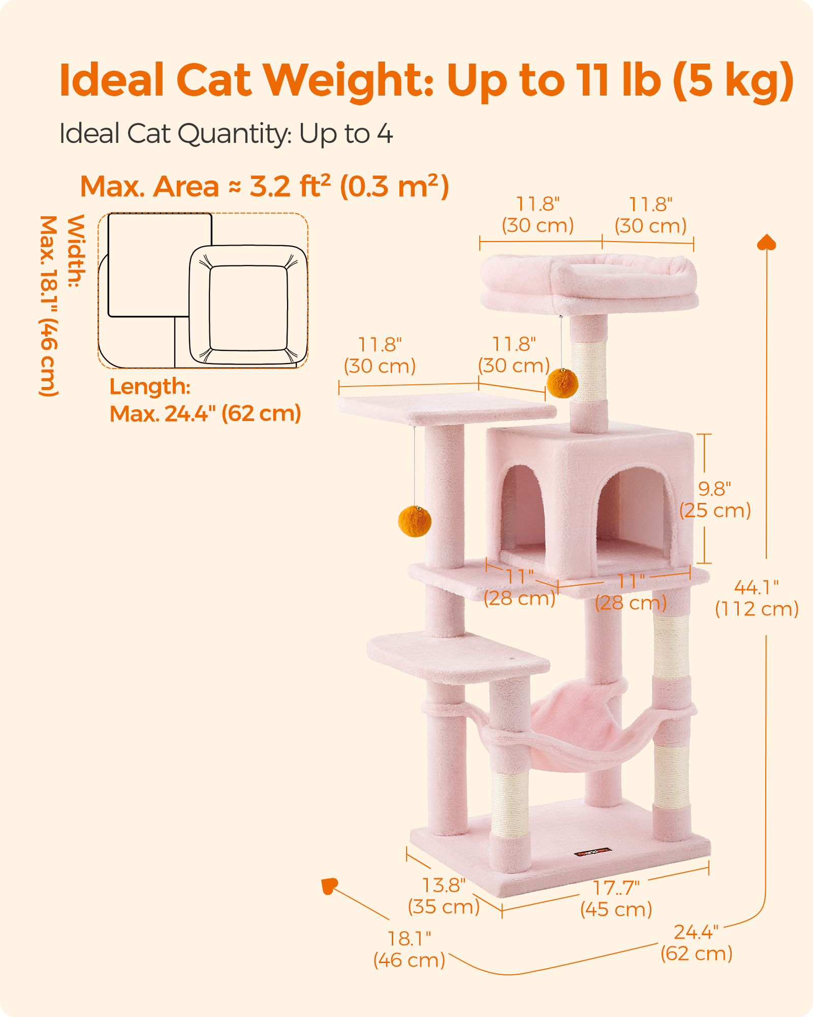 Feandrea 44.1' Cat Tree Tower for Indoor Cats ,Multi-Level Cat Condo Cat Furniture with Scratching Posts, Perches, Hammock, Cave ,Jelly Pink