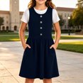 thumbnail image 5 of hotojiny Girls Solid Sleeveless Jumper Dress Button Decorative Pinafore Dress Kids Casual A-Line Tank Dress Back-to-School(Navy,5-6 Years), 5 of 8