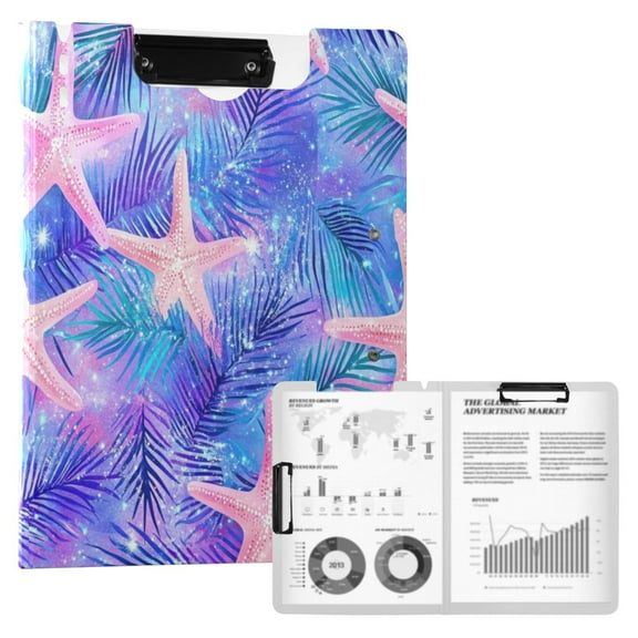 FORMRS A4 Clipboard Folder with Pen Holder Horizontal Foldable School Office Binder, Pink Starfish Pattern