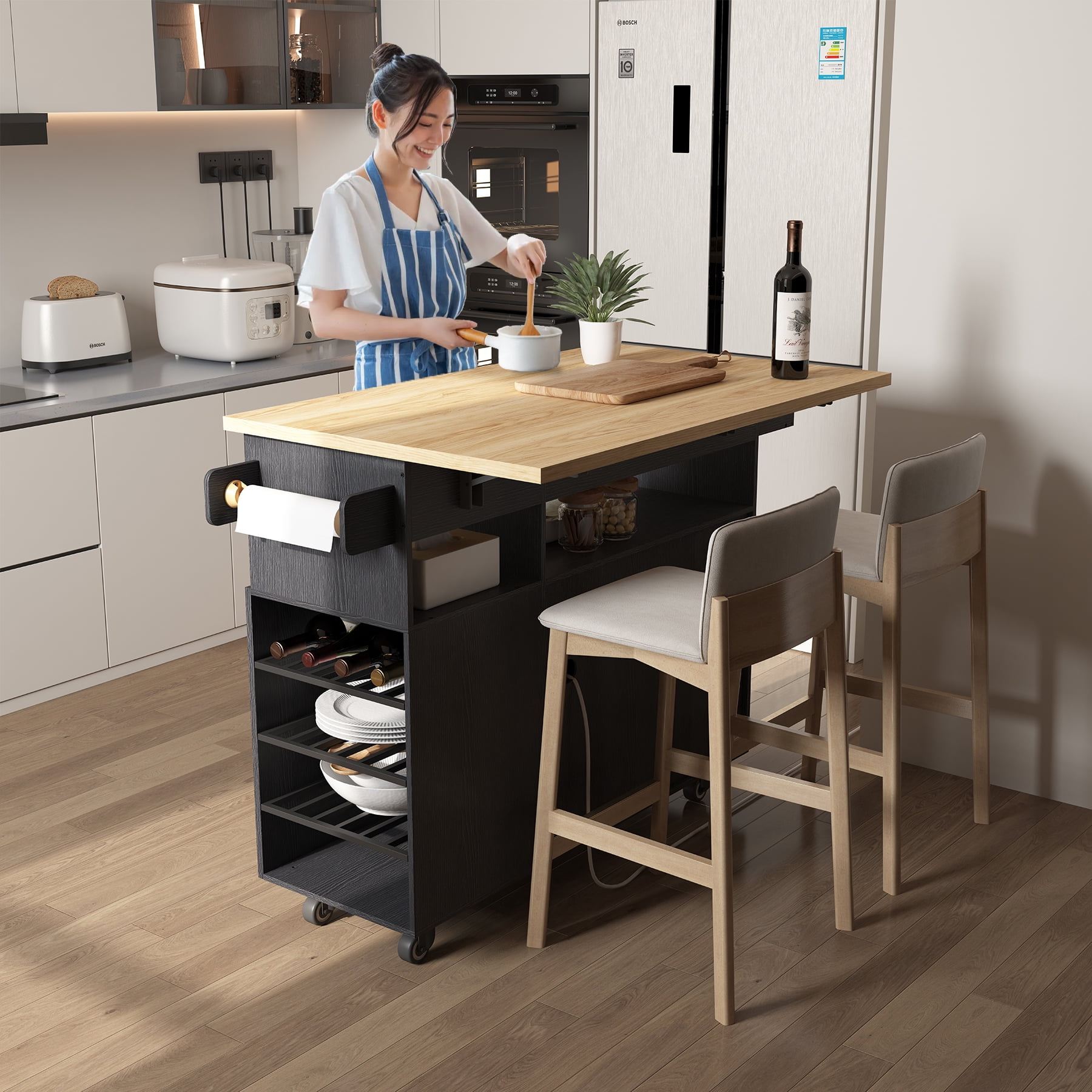 ZOPEND Rolling Mobile Kitchen Island Cart Bar with Desktop Drop Leaf Countertop, Island Cart with 5 Wheels, Power Socket and Towel Rack，Black
