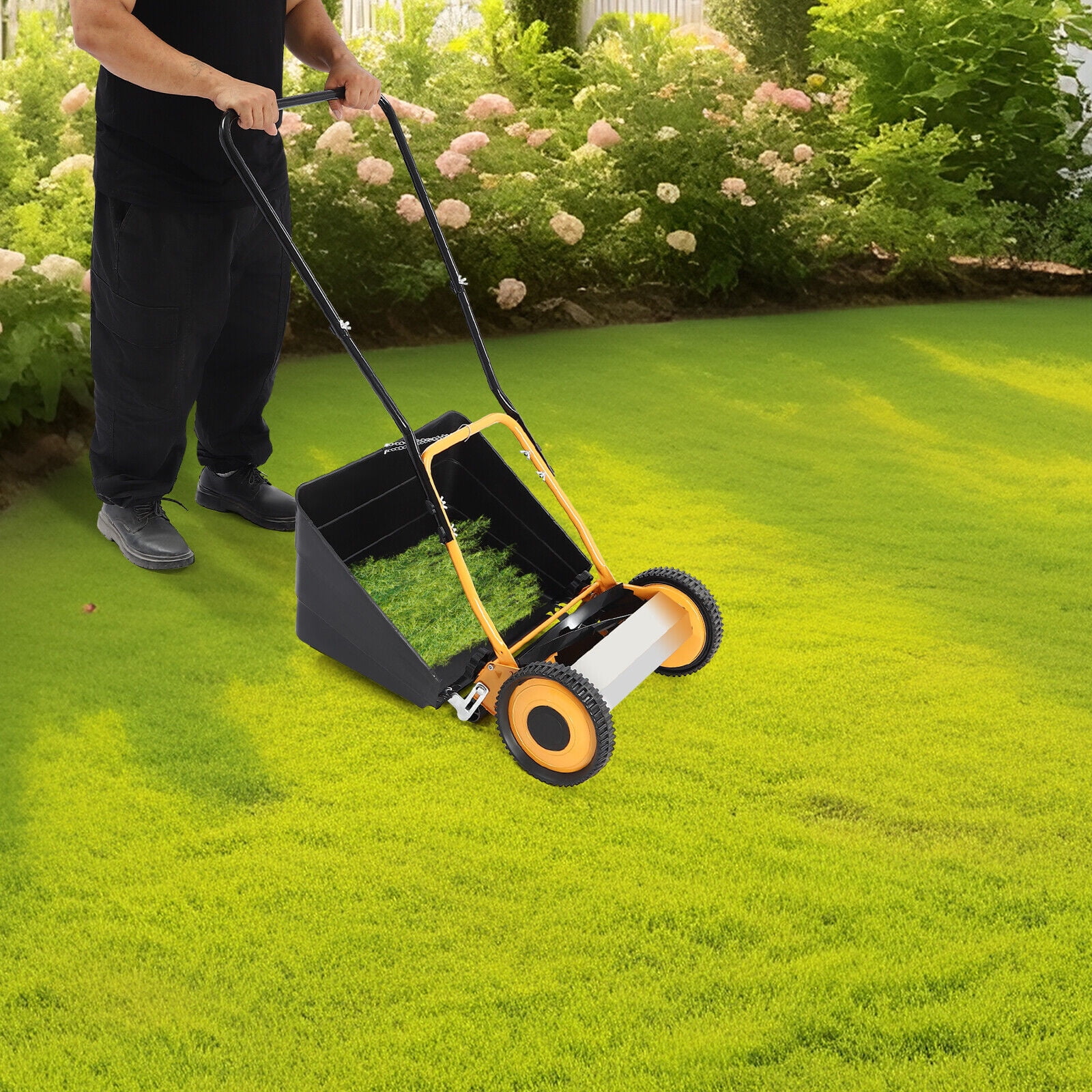 Hand Push Lawn Mower 14“ Cutting Width Adjustable Height with Grass Collecting Box