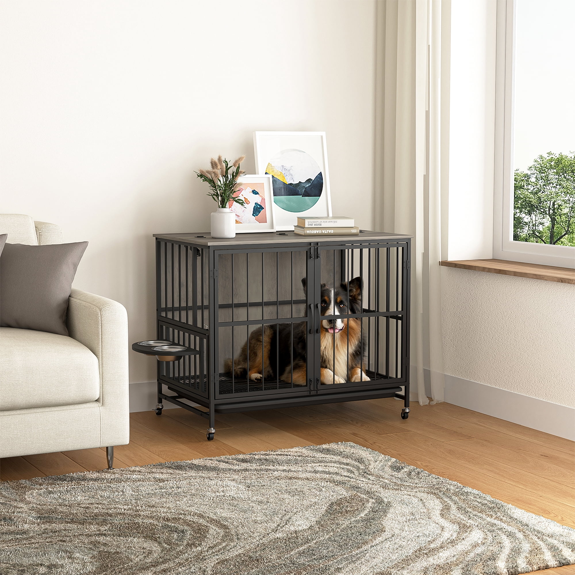 Hommoo Modern Kennel Dogs Room, Double-Door Dog House with Removable Tray, Lift Panel, Adjustable Feeding Bowls, Dog Crate Cage for up to 80 lb, Grey