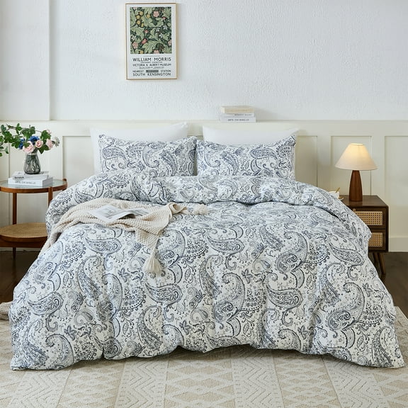 100% Cotton Duvet Cover Sets, 3 Pieces Reversible Soft Bedding Sets,Blue Floral Paisley Comforter Cover, Breathable, Lightweight, All Season