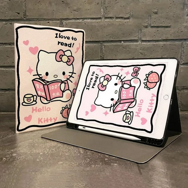 Kawaii Sanrio HelloKitty Kuromi Ipad Protective Case Cartoon with Pen Slot Book Style All Inclusive Anti Fall Protective Case