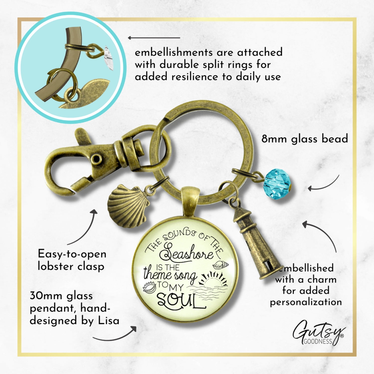 Beach Gutsy Goodness Bronze Keychain Sounds of Seashore Nautical Ocean Theme Jewelry Lighthouse Shell