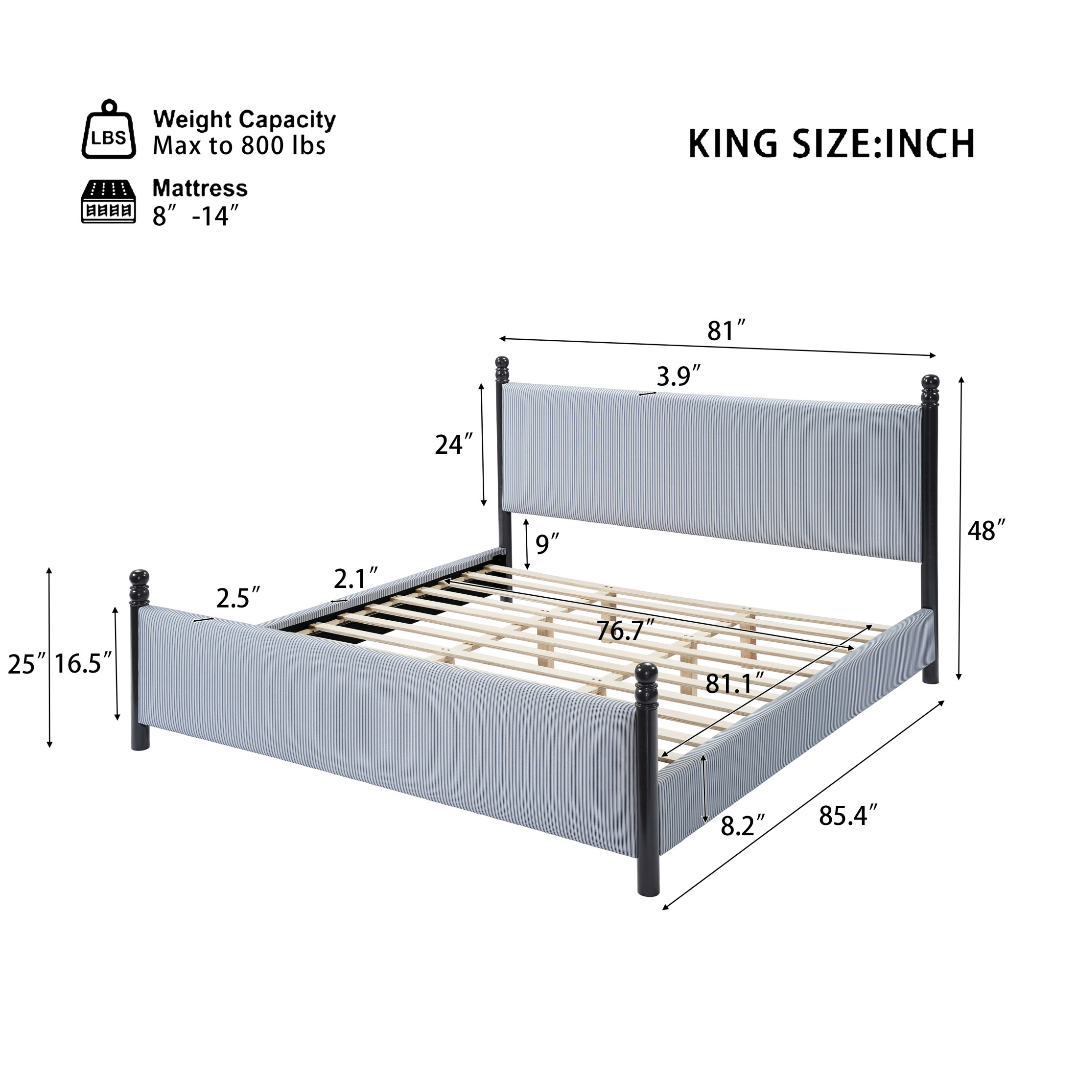 Christopher Knight Home 48" Striped King Upholstered Bed Frame with Headboard, Black+Blue White
