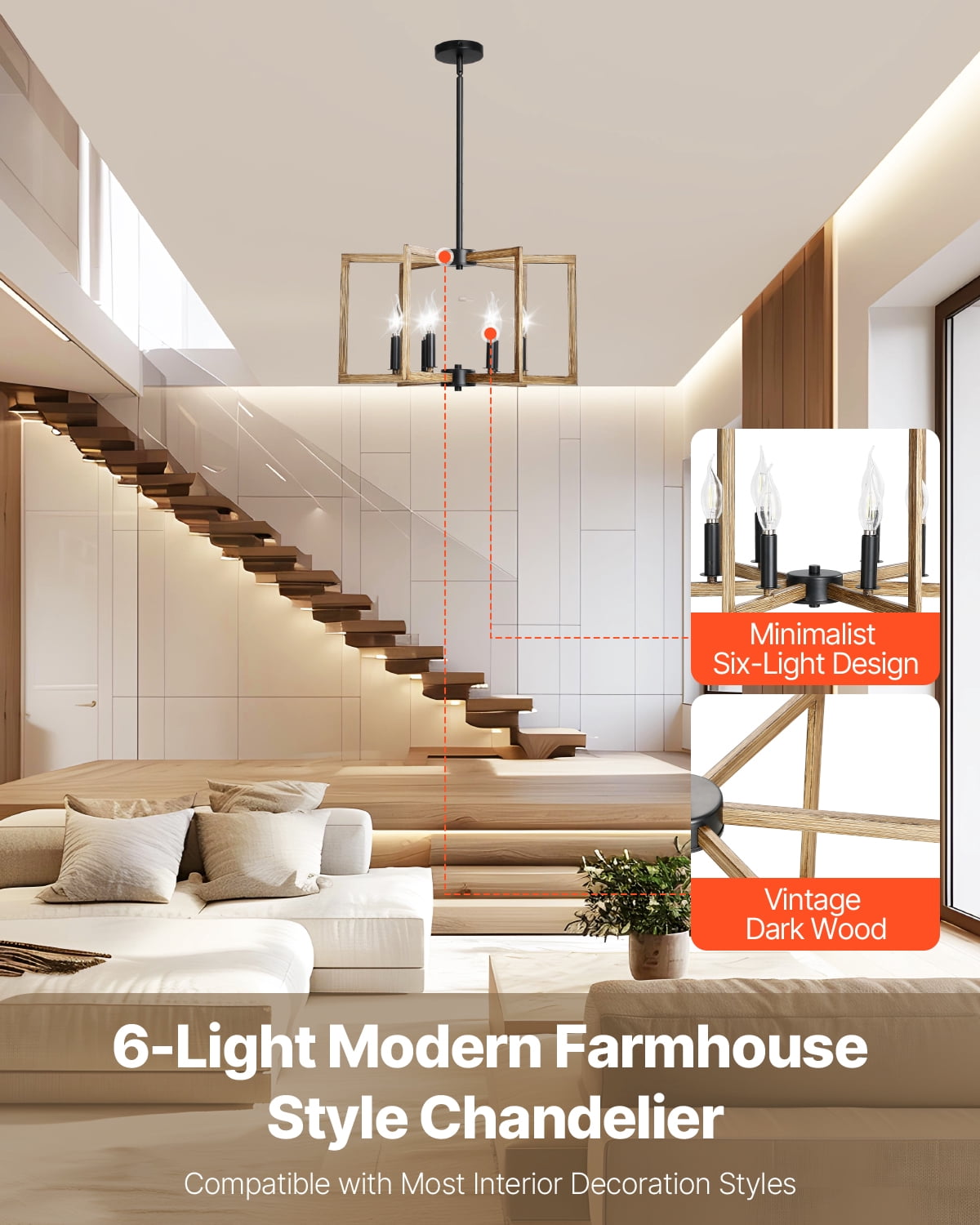 VEVOR 6-Light Chandelier, Metal Farmhouse Chandelier, Adjustable Height, Dining Room Hanging Light Fixture for Ceilings, Modern Chandelier for Bedroom, Foyer, Hall, Kitchen, Living Room