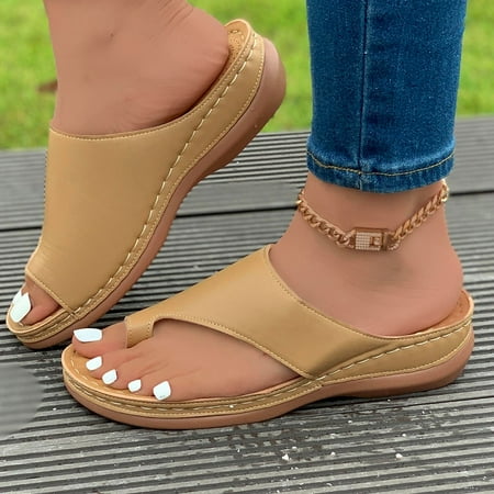 

Krdevn Platform Sandals Women Summer Fashion Solid Color On Beach Sandals Casual Simple Flat Shoes -Khaki 37