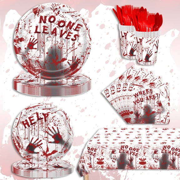BlissfulDestiny Halloween Party Supplies Decoration Set, 141 Pieces Includes Plates, Napkins, Cups, Tablecloth and Tableware for Halloween Horror Theme Party Decorations, Serves 20 ( Blood Hand )