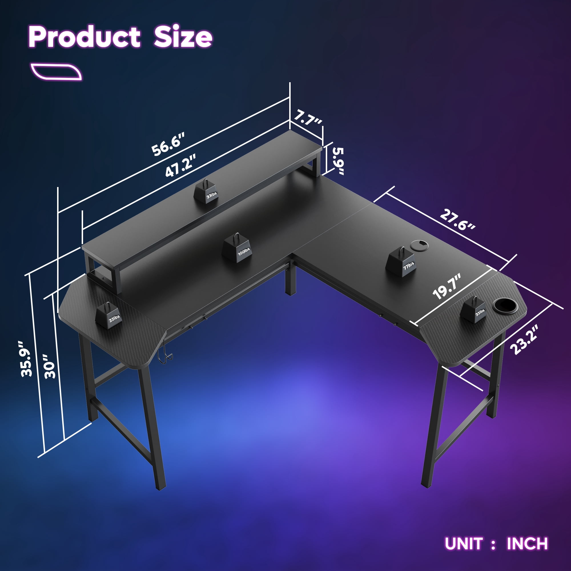 Bestier L-Shaped Gaming Desk 57 Inch Corner Computer Desk with LED Lights & Monitor Riser, Black