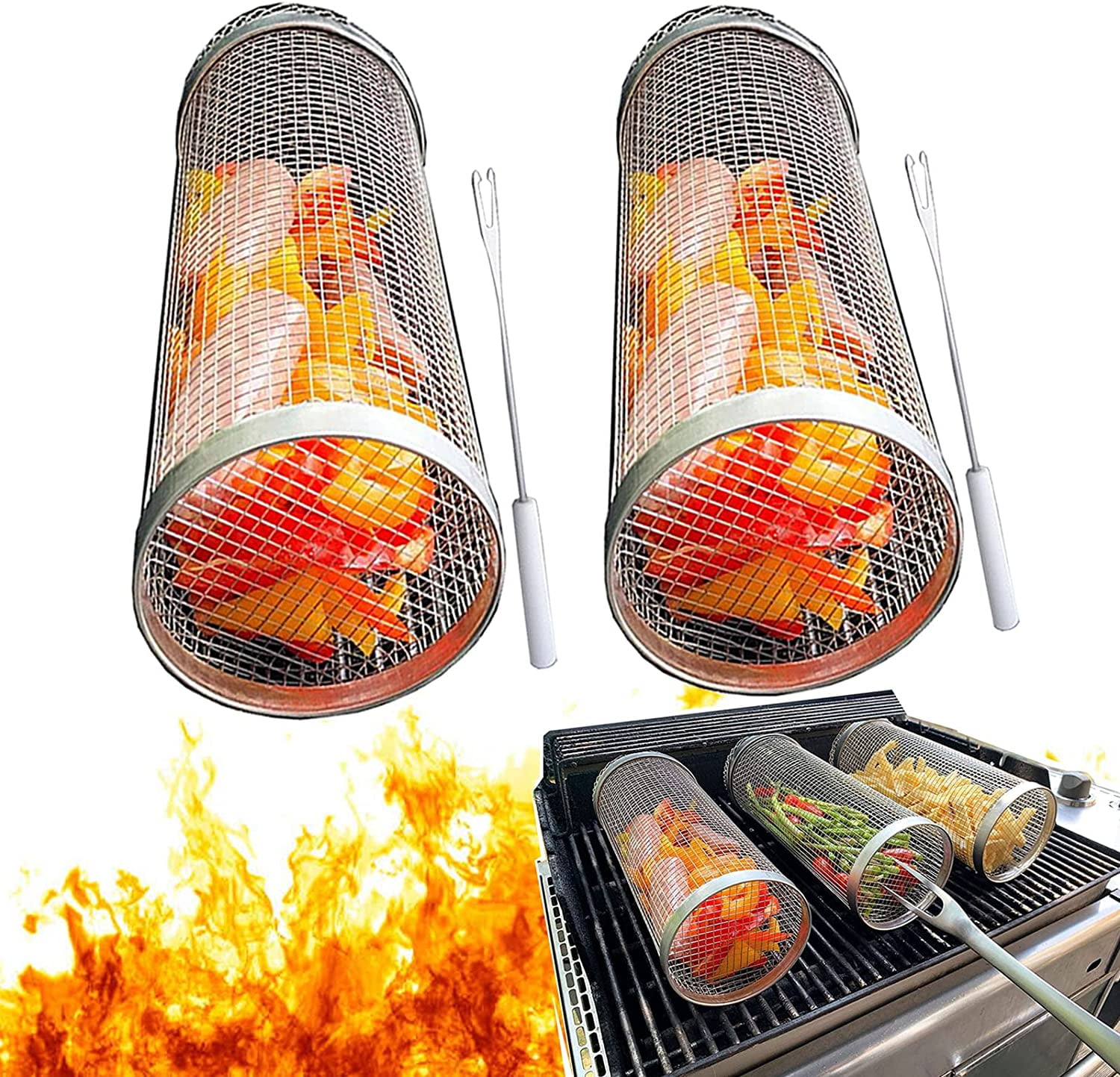 2PCS Rolling Grilling Basket Greatest Grilling Basket Ever, Round Stainless Steel BBQ Grill