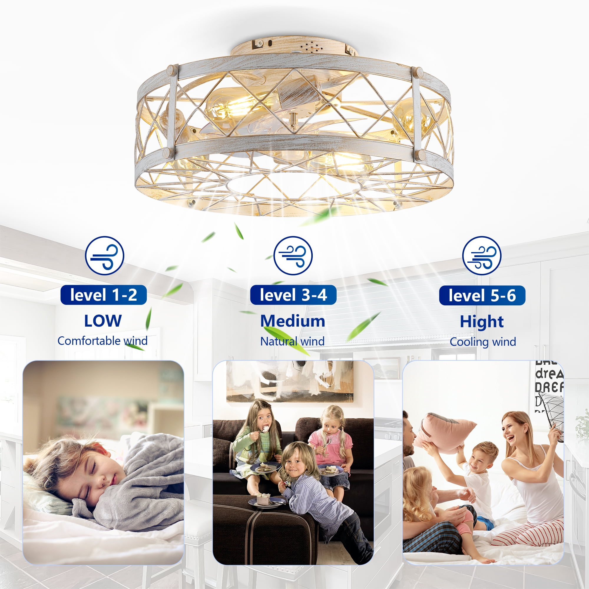 Leumius 20" White Caged Ceiling Fan with Lights and Remote Control ,Reversible Motor, DC Remote Control,6 Speed Ceiling Fan for Living Room Bedroom Dining Room (NOT Included Bulbs)