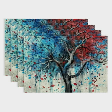 

Fenyluxe Blue Leaves Red Leaves Linen Placemat Set of 4 Western Meal Table Pad for Birthday Parties Christmas Restaurants Buffets Home Decoration 18x12in