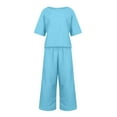 thumbnail image 4 of GEWSEY Womens Lounge Sets 2 Piece Outfits Short Sleeve V Neck Summer Top Elastic Waist Wide Leg Pants Tracksuit Outfits (Blue, L), 4 of 5