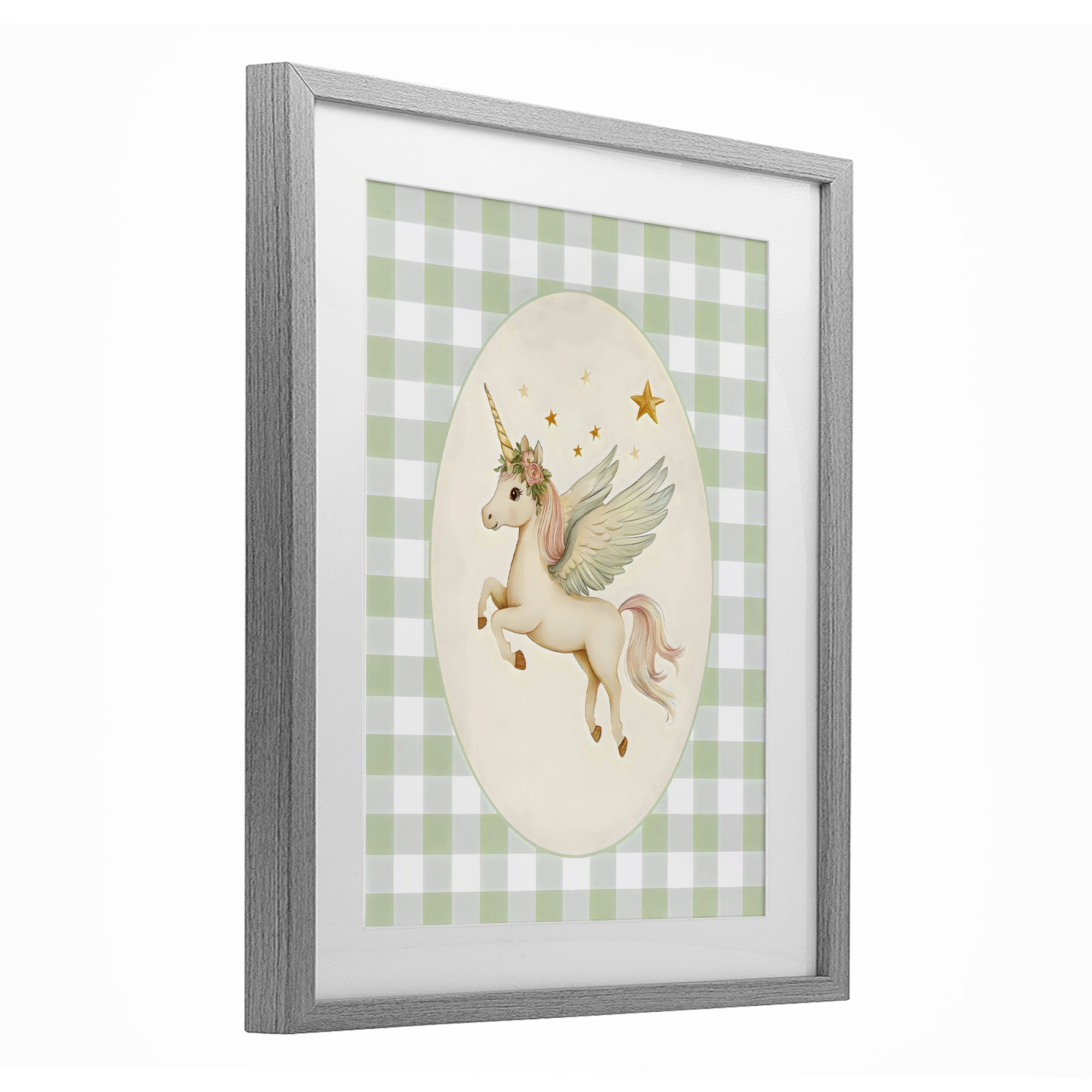 Stupell Industries Winged Unicorn over Green Gingham Gray Framed Print Under Glass, design by Arlington Prints