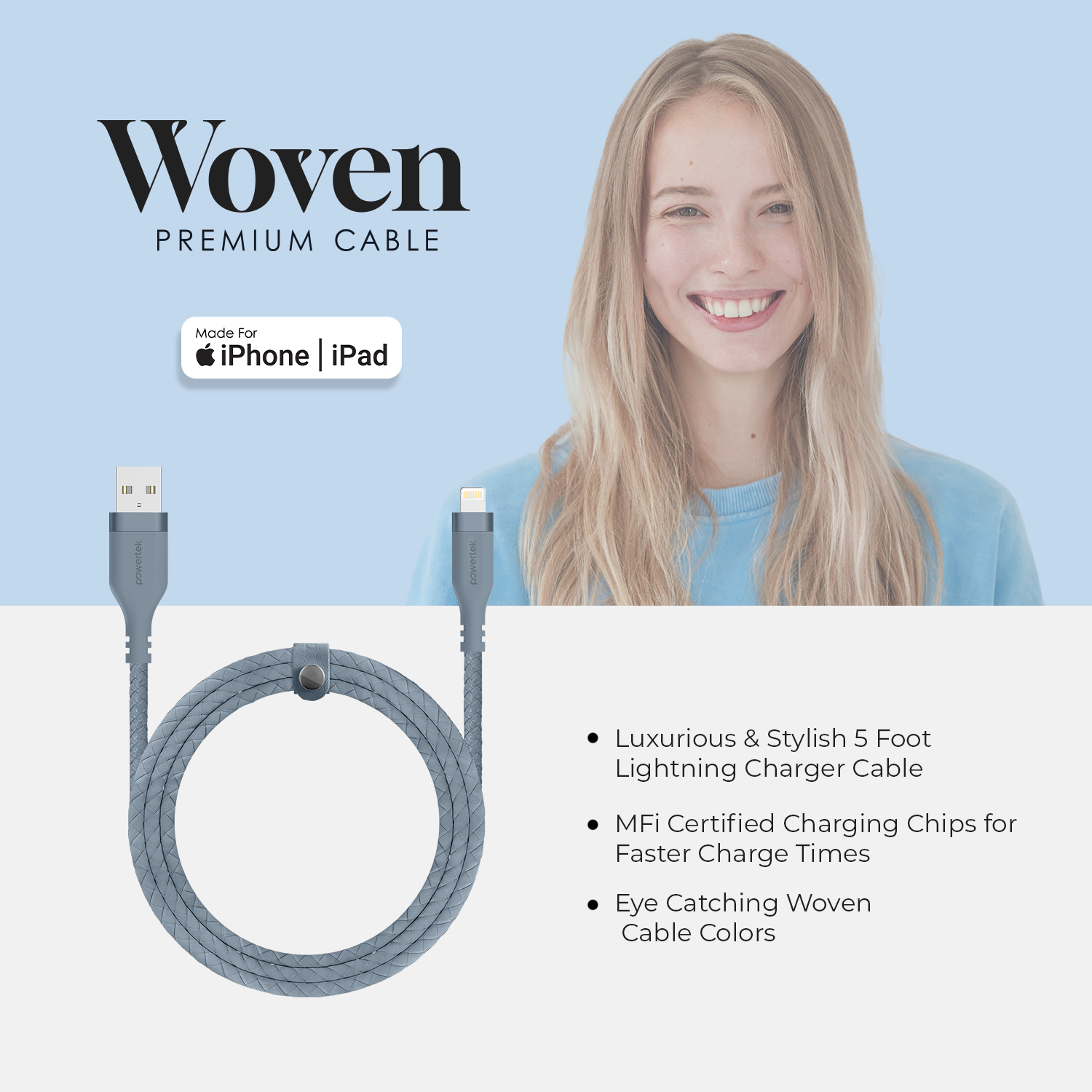 Liquipel Powertek USB-A to Lightning Woven Cable - Blue