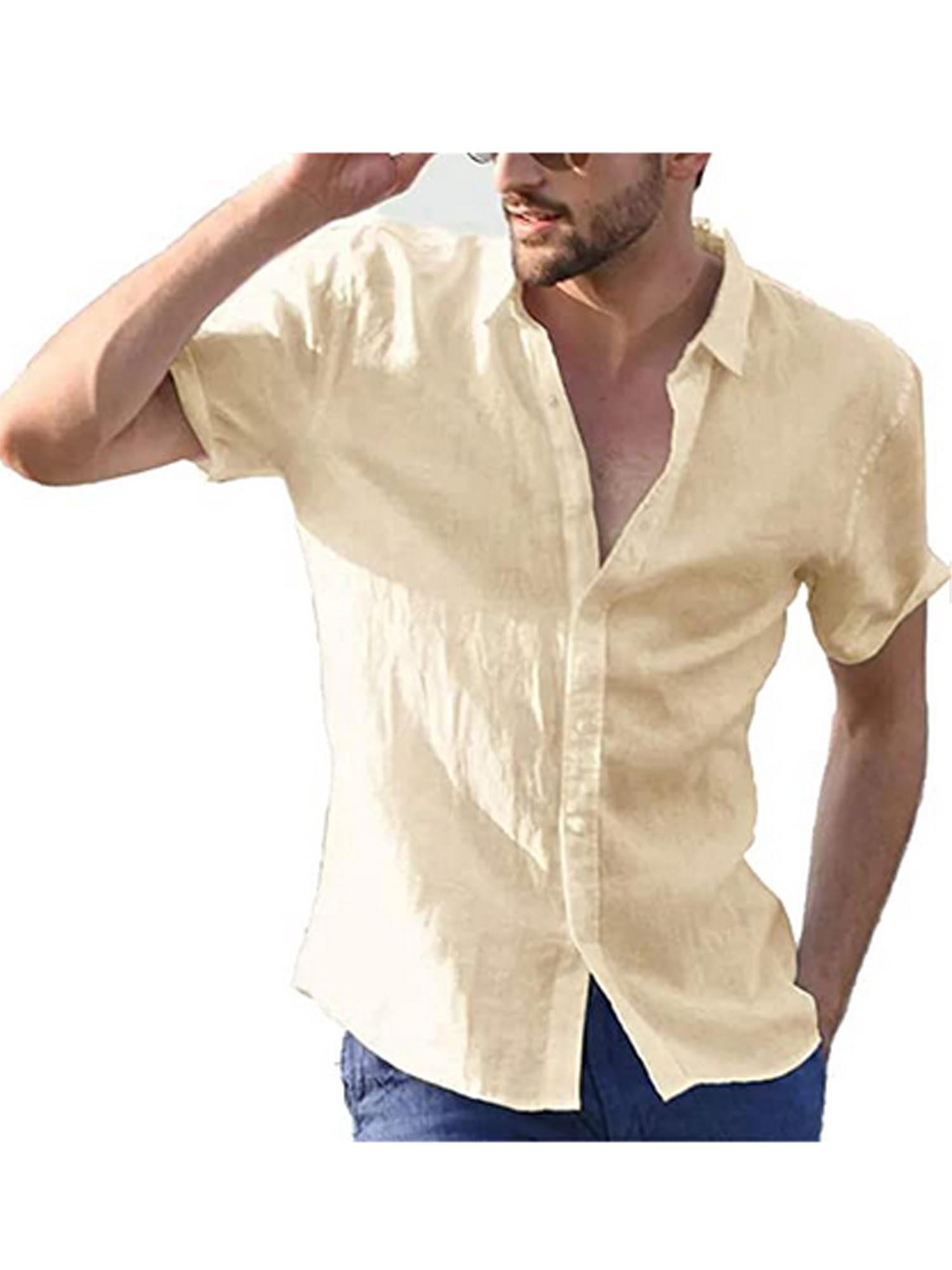 Cathery Mens Cotton Linen Short Sleeve Summer Solid Shirts Casual Loose ...