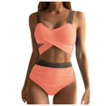 thumbnail image 2 of Women's High Waist Bikini Set Cross Back Tummy Control Two Piece Swimsuit Cover Belly Beach Swimwear for Vacation,Pink,XL, 2 of 8