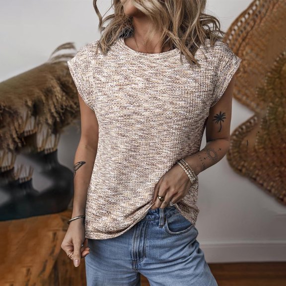 PNTUTB Summer Women's Waffle Weave Fashion Crew Neck Pullover Loose Comfortable Casual Sleeveless Tops
