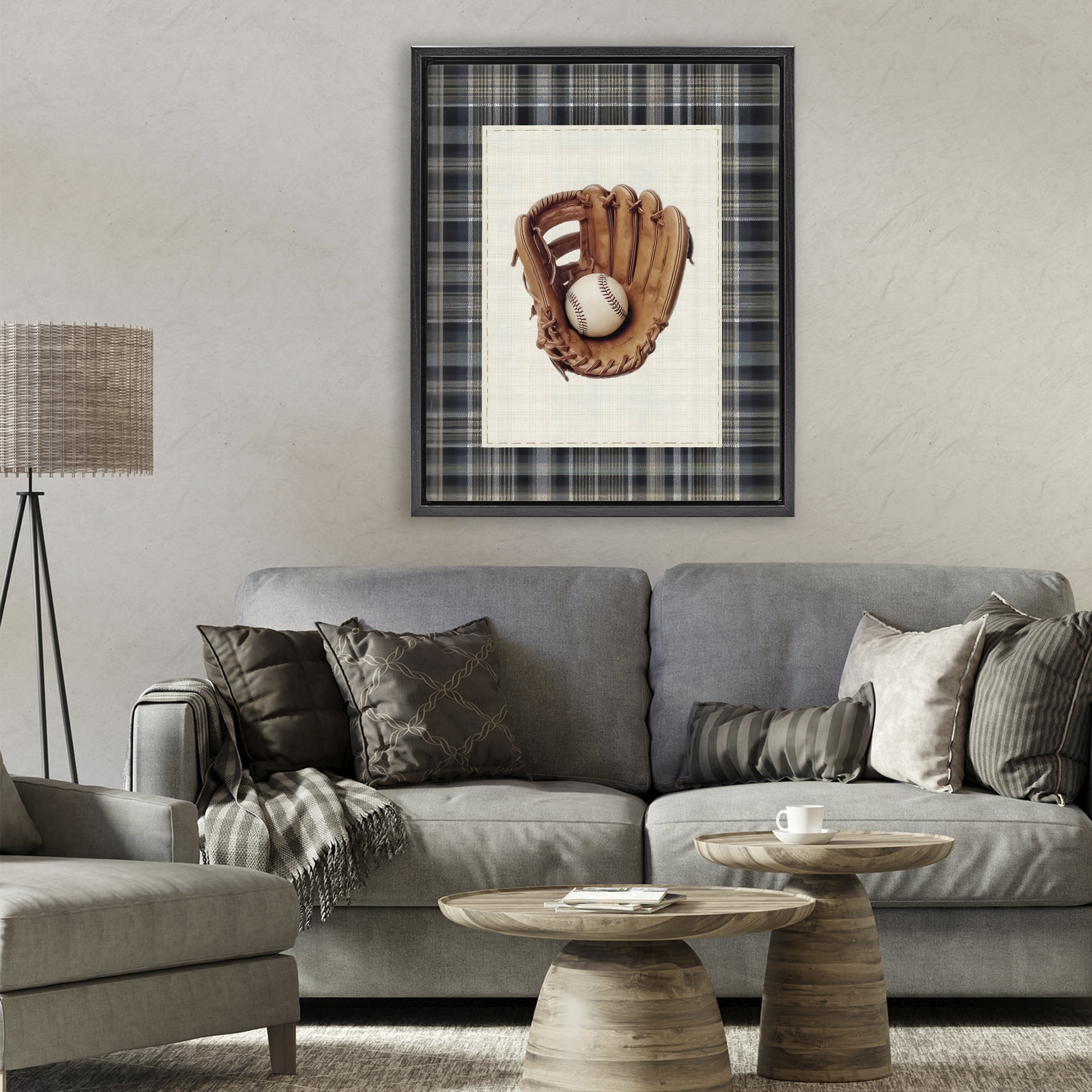 Stupell Industries Baseball Glove with Plaid Black Framed Floater Canvas Wall Art, design by Arlington Prints