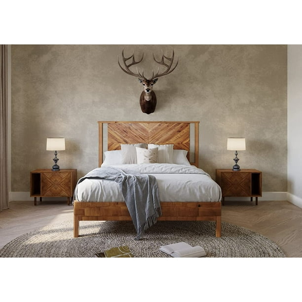 Bme Queen Size Vivian Deluxe Wooden Bed Frame with Headboard, Rustic Style, Solid Acacia Wood