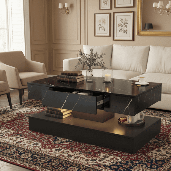 Sesslife LED Coffee Table with 2 Storage Drawers, Rectangular Center Table for Living Room Bedroom, Modern 2-Tier Coffee Tables w/Open Display Shelf, App/Remote Control