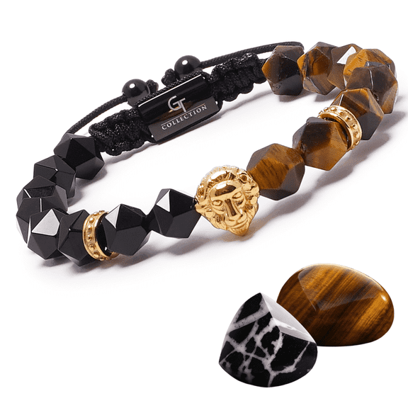 Men's TIGER EYE, ONYX Bracelet with Golden LION Head | Gift for Men | One Size Fits All | 100% Natural | Gemstone Adjustable Bracelet