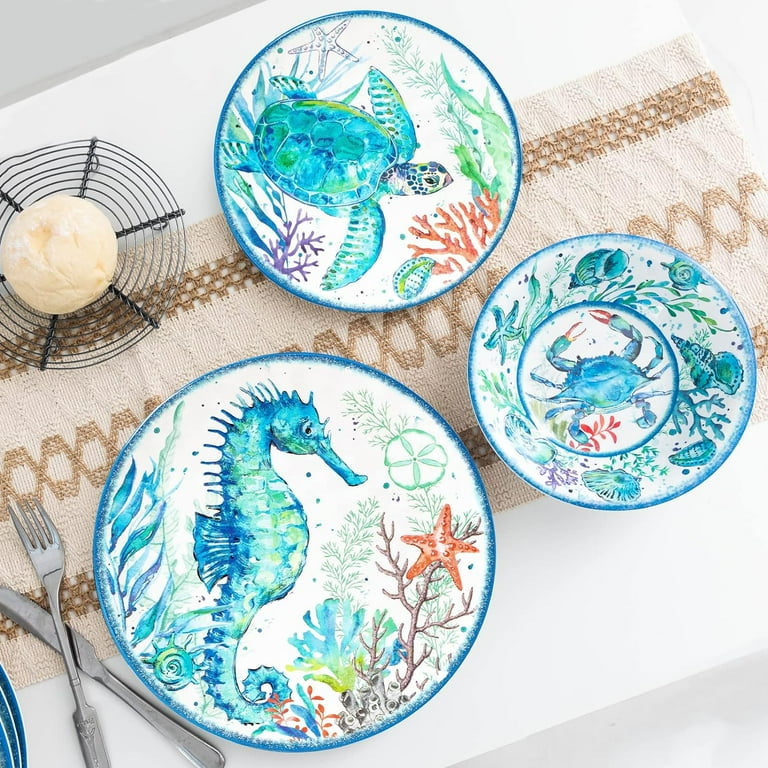 12 Piece Melamine Beach Dinnerware Set Coastal Plates and Bowls Sets Oceanic Sea Life Dish Sets for 4 Great for Indoor Outdoor Dining on the Beach RV Camping or Cabin Walmart