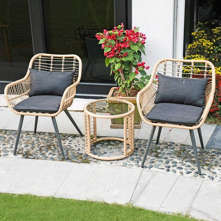 JOIVI 3 Piece Outdoor Wicker Furniture Bistro Set, Patio Rattan  Conversation Set with Round Glass Top Coffee Side Table, Cushions and  Lumbar Pillows