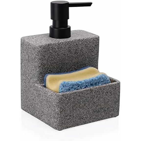 Soap Dispenser with Sponge Holder, Liquid Hand and Dish Soap Dispenser Pump Bottle and Sponge Holder 2 in 1 for Kitchen Sink Bathroom Counter Storage and Organization Black Marble Look