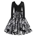 thumbnail image 1 of Disfraces de Halloween con estampado de calaveras para mujer, manga larga, años 50 y 60, vestido de fiesta de noche para ama de casa, disfraces de cosplay elegantes y aterradores, 1 of 5