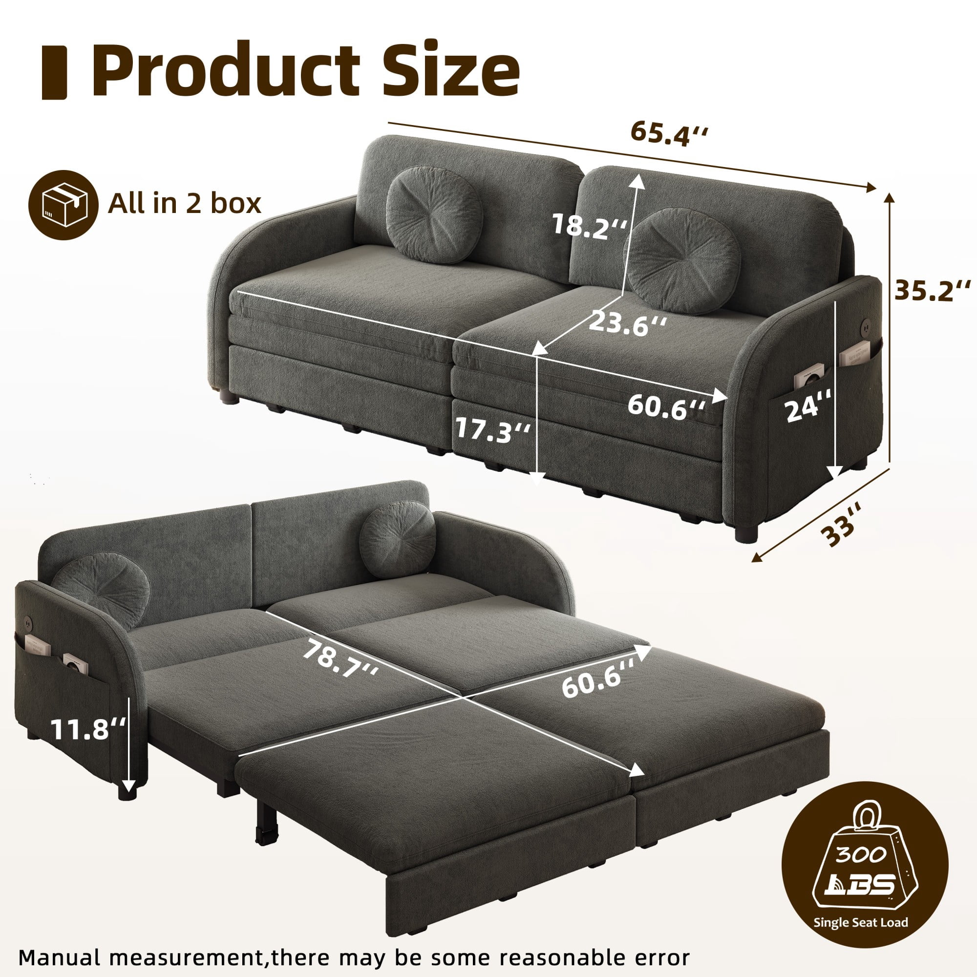 LLappuil Queen Size Pull Out Sofa Bed, Compact Loveseat Sofa Covertible Sofa Bed with USB Port, Side Pocket , Chenille Sofa Couch for Living Room Gray