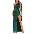 thumbnail image 2 of Women's Sequins One Shoulder Shawl High Split Bodycon Slim Maxi Dressy Dress Sparkly Glitter Cocktail Party Formal Dress, 2 of 6
