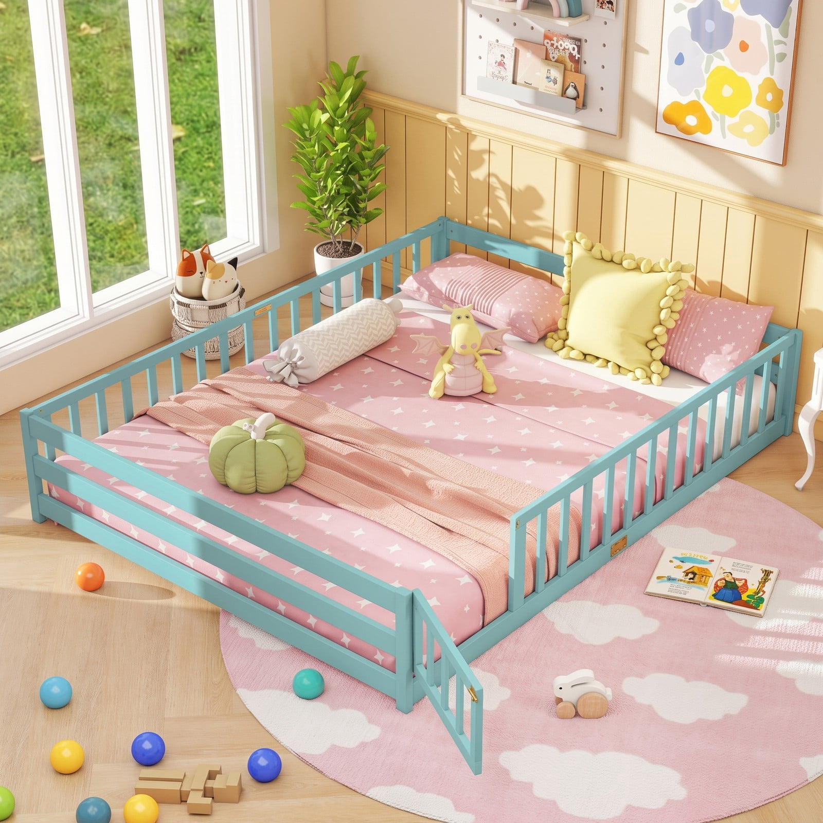 Furnibear Queen Size Wood Montessori Floor Bed Frame with Full Length Guardrails and Lockable Gate, Queen Bed Frame for Kids Bedroom, Aqua