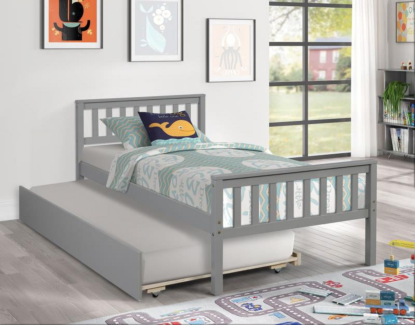Sailvan Twin Bed with Trundle, Solid Wood Platform Bed Frame with Headboard, No Box Spring Needed Grey