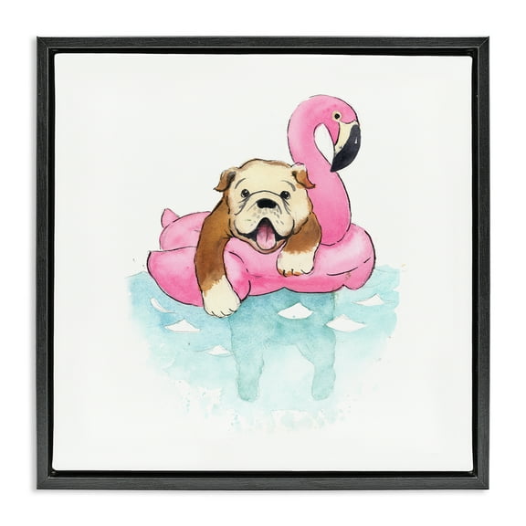 Stupell Industries Bulldog in Pool Float Animals Painting Black Floater Framed Canvas Art Print Wall Art, 18 x 18