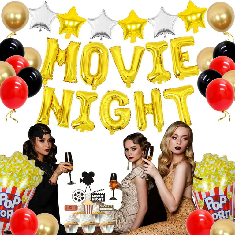 Movie Night Themed Party Decorations Hollywood Red Carpet Party Supplies  Cupcake Toppers Popcorn Foil Balloons for Oscar Party Event Awards Night  Ceremony 