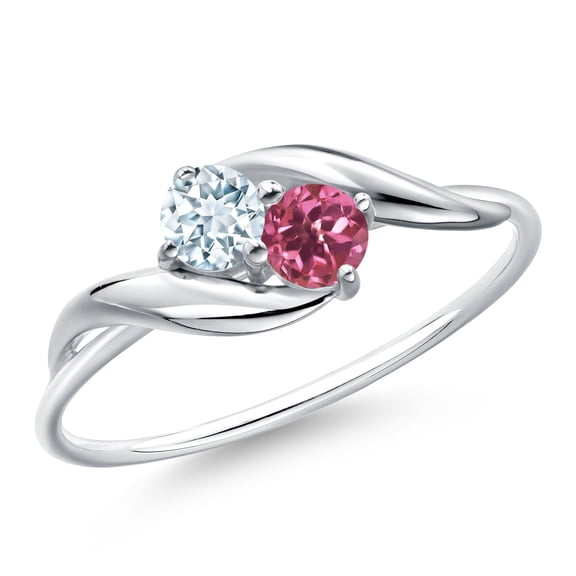 Gem Stone King 10K White Gold Round Sky Blue Aquamarine and Pink Tourmaline Ring for Women | 0.32 Cttw | Round 3.5MM | Gemstone Birthstone | Wedding Engagement Anniversary Promise Ring | Size 5