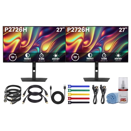 Dell Pro P2726H 27" Full HD 1920x1080 120Hz IPS Monitor | 99% sRGB, 300 Nits, 5ms, USB-C & USB-A Hub, HDMI, DisplayPort | 2-Pack Bundle, LCD Kit, USB-C Cable, Cable Ties