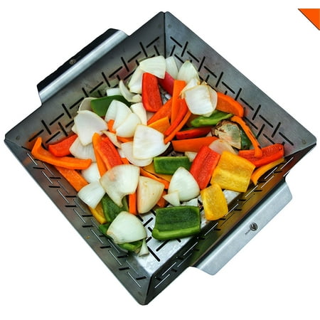 Vegetable Grill Basket - DISHWASHER SAFE STAINLESS STEEL - Large Non Stick BBQ Grid Pan For Veggies Meat Fish Shrimp & Fruit - Best Barbecue Wok Topper Accessories Gift for Dad (Best Fruit To Grill)