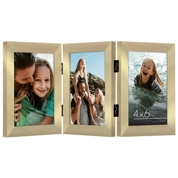 Americanflat Hinged 3 Photo Frame in Polished Brass Color MDF - Desk Photo Frame for 4x6"" Photos - Tri Folding Picture Frame For Desk - Displays 3 Photos with Shatter-Resistant Glass Covers