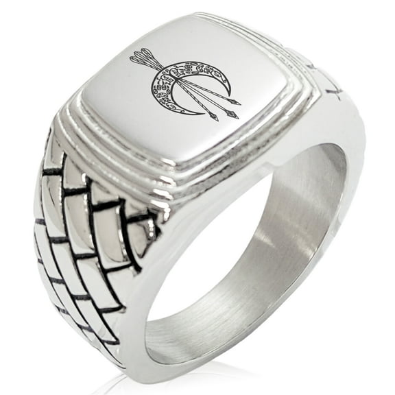 Stainless Steel Artemis Greek Goddess of Moon Geometric Pattern Step-Down Biker Style Polished Ring