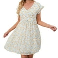 thumbnail image 2 of Robe Bohème pour Femmes Mignonne Col en V Imprimé Floral Volant Chiffon Décontractée Été Manches Courtes Ligne A Robe de Plage Mini, 2 of 7