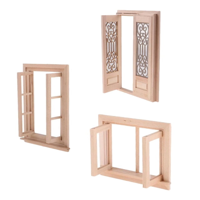 1/12 Casa de en Miniatura Puerta de Pantalla Hueca Externa + Ventana Sin 3 Piezas